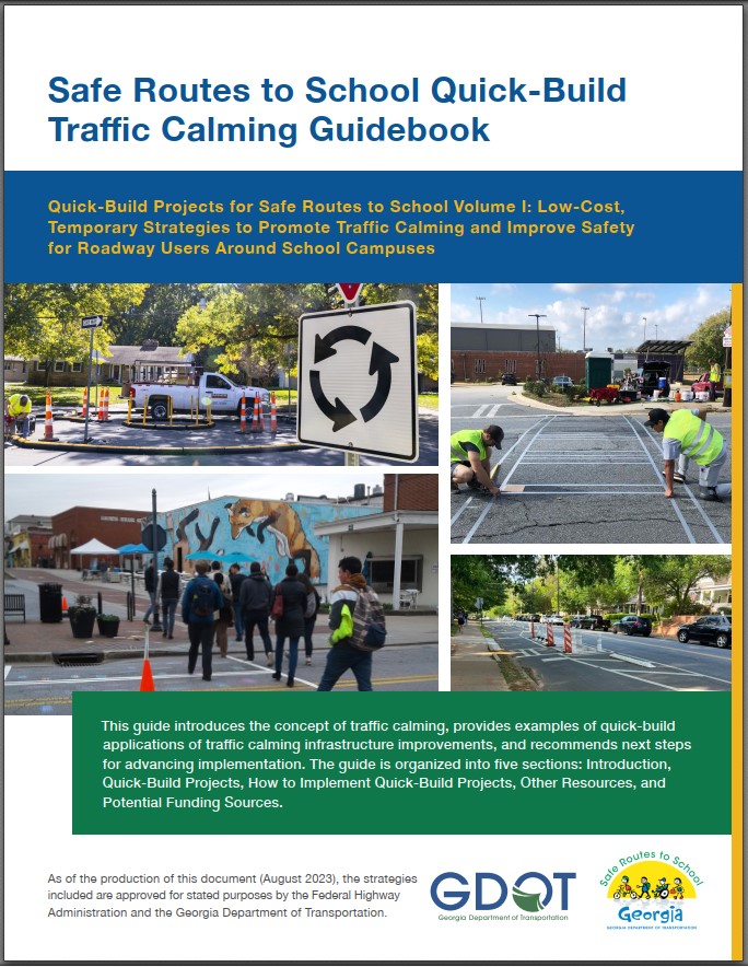 Front page of the PDF for the Safe Routes to School Quick-Build Traffic Calming Guidebook.